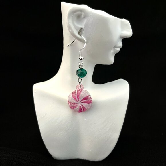 Christmas Earrings, Pink Frosted Pinwheels & Emerald Green Crystals NWT - Picture 1 of 5